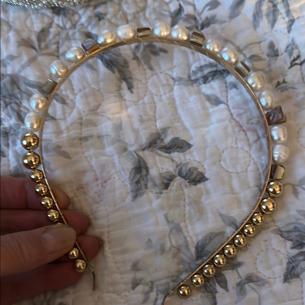 Pearl and Gold Beaded Headband with gray beads